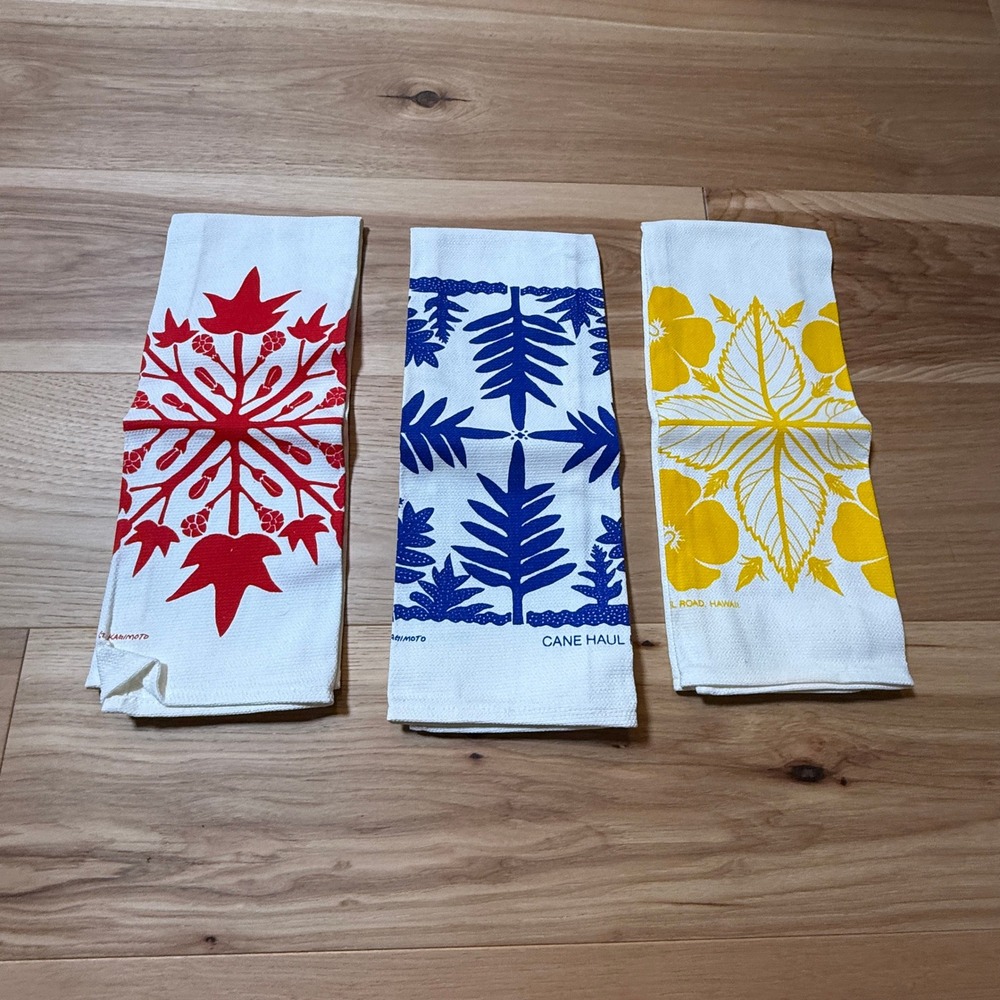 Cane Haul Road Tea Towels Lot of 3 Grant Kagimoto Hawaii Red Blue Yellow Vintage